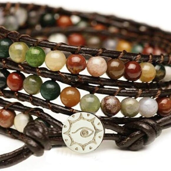 Leather Bracelet Agate Gems Stainless Steel Snap Button Adjustable Wrap - Picture 1 of 7